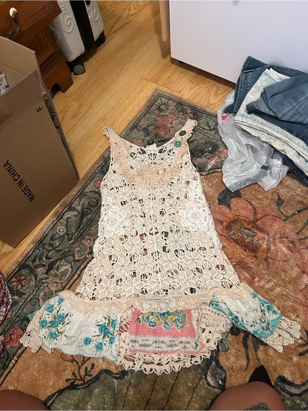 Lace Crochet Boho Tank Dress in Cream with Floral Hem